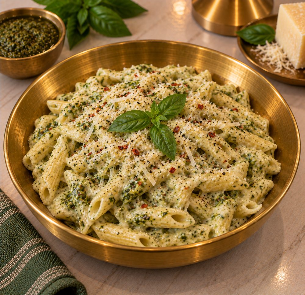 White Cheese Pasta With Basil Pesto Sauce